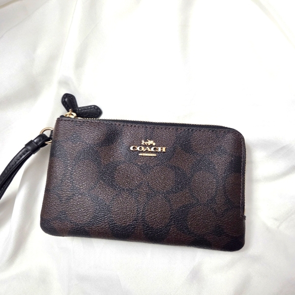 Coach Double Zip Wristlet | Brown Signature Canvas Wallet | F87591 - Picture 1 of 11